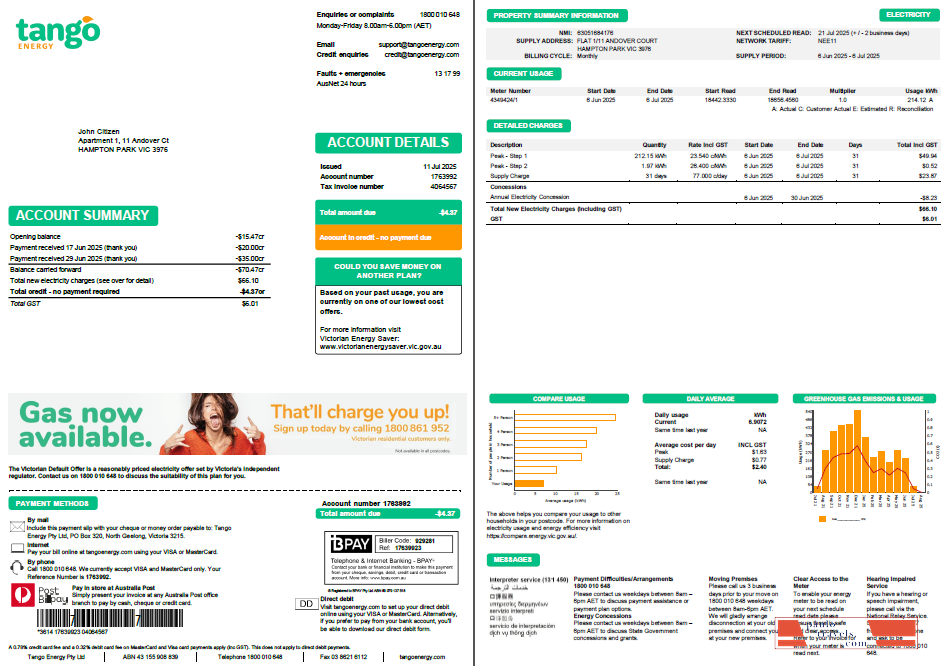 Australia Tango Energy utility bill template in Word and PDF formats, 2 pages